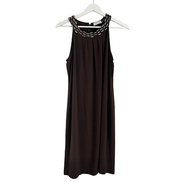 NWT Calvin Klein Women’s Beaded Neck Scoop Neck Sleeveless Dress Brown Size 10 - Picture 1 of 8